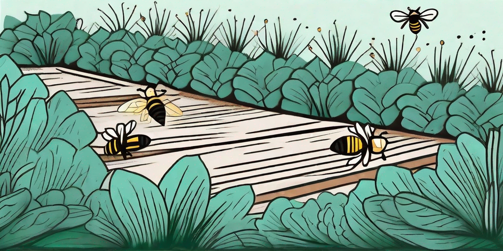 Bees hovering around a garden bed covered in cedar mulch