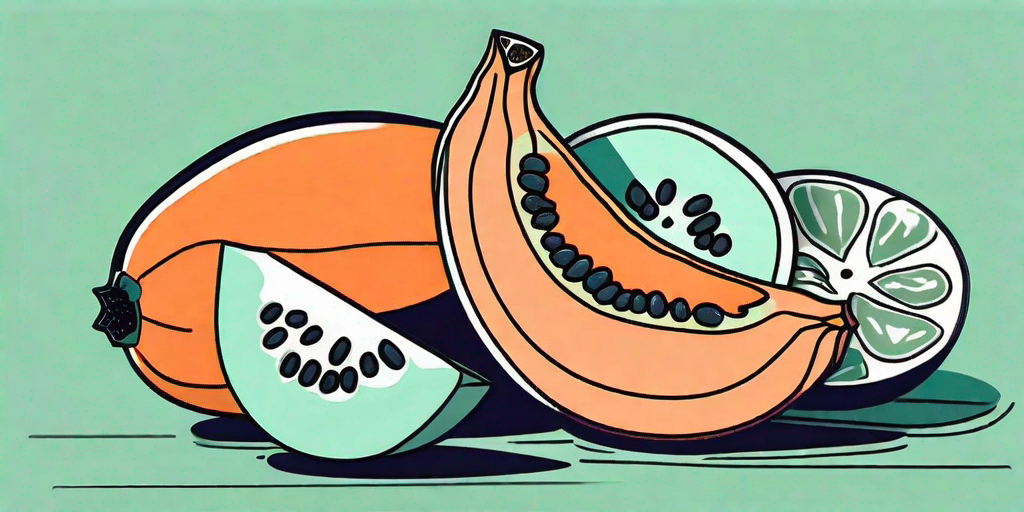 A seedless papaya cut open on a kitchen counter next to a fruit bowl filled with various fruits
