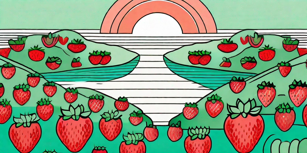 A whimsical seascape made up of various forms of strawberries