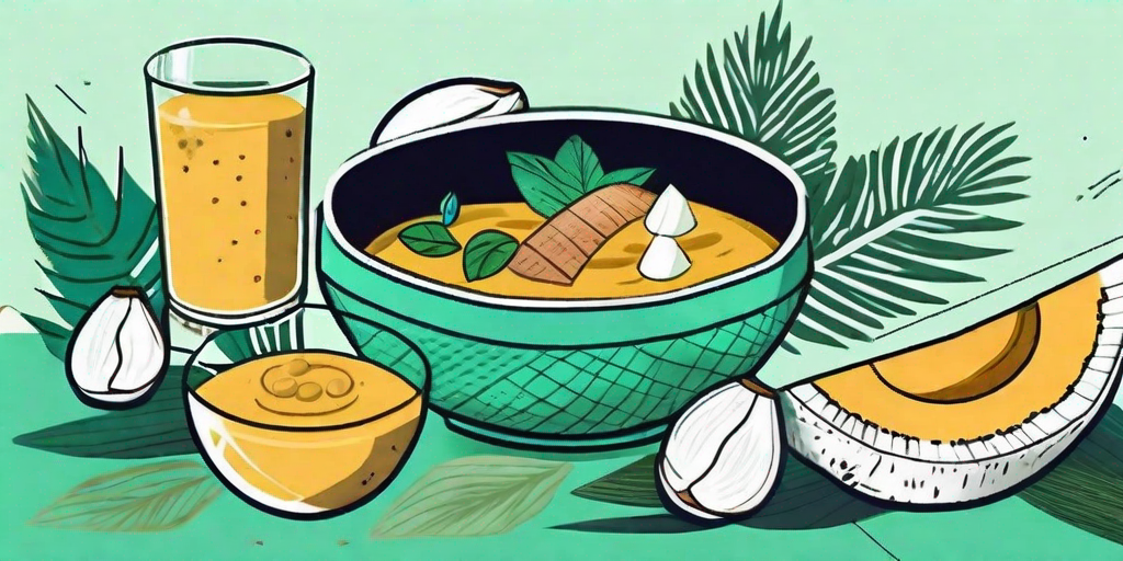 A cracked open coconut with various dishes like curry