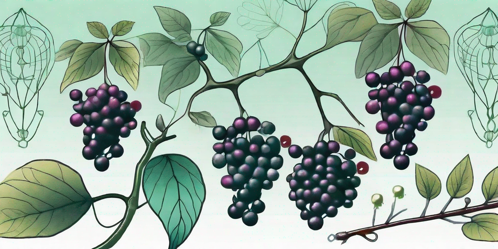 Various types of elderberries on a vine