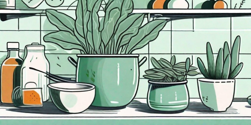 A sunny kitchen windowsill with a thriving sage plant in a pot