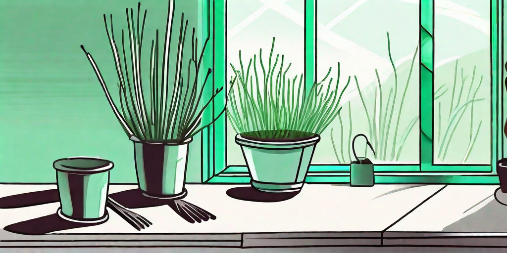A well-lit indoor setting with a pot of thriving chives on a windowsill