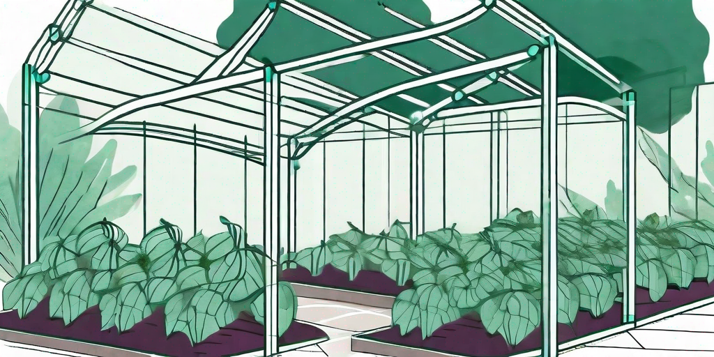 A lush garden with a well-constructed trellis supporting thriving eggplants