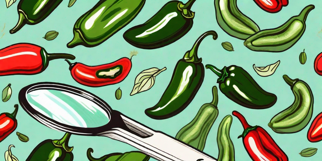 A magnifying glass hovering over a variety of colorful jalapenos