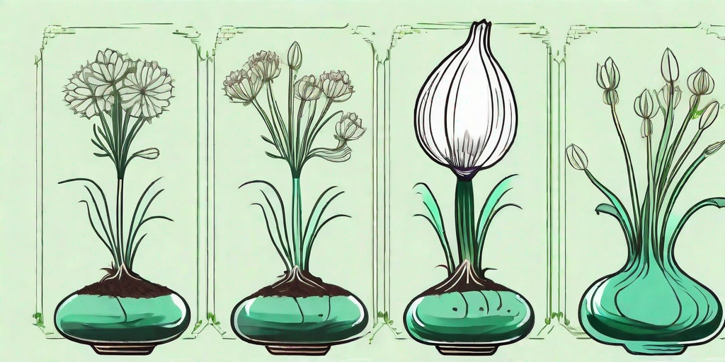 An onion plant at various stages of growth