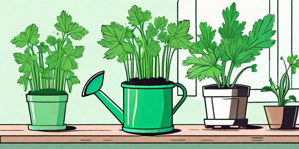 A vibrant green celery plant growing healthily in a well-kept container