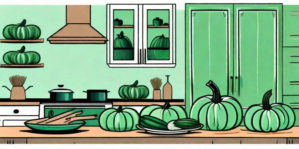 A variety of green pumpkins arranged in a rustic kitchen setting