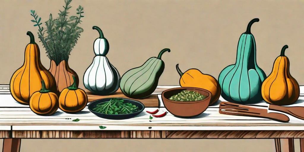 A variety of colorful gourds arranged on a rustic wooden table