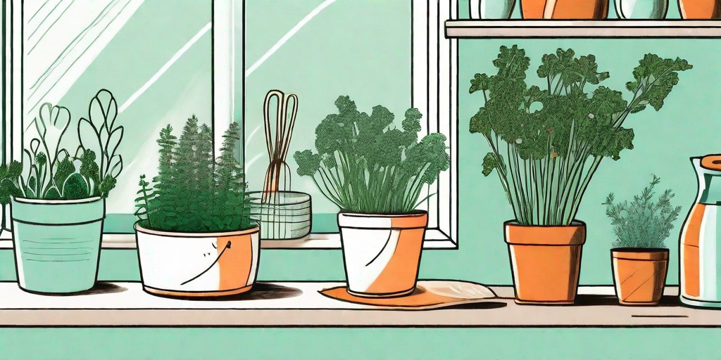 An indoor gardening setup with pots of thriving carrot plants on a sunny windowsill