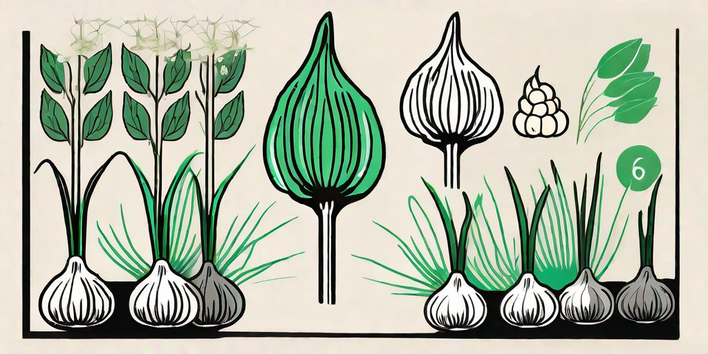 Various stages of garlic growth from seed to mature plant