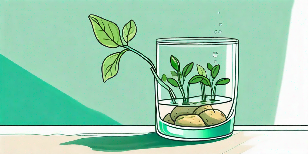 A potato sprouting green shoots while partially submerged in a clear glass of water