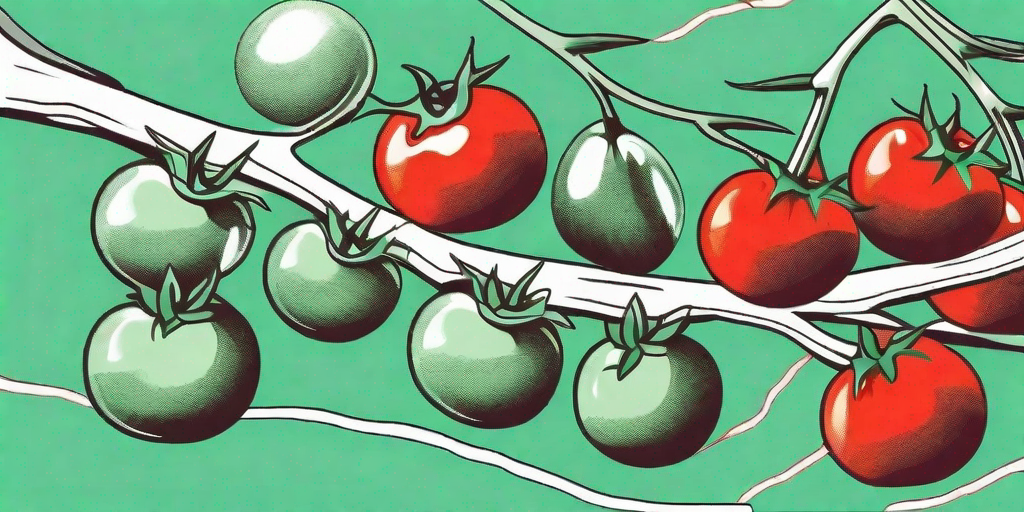 A progression of tomatoes on a vine transitioning in color from green to red