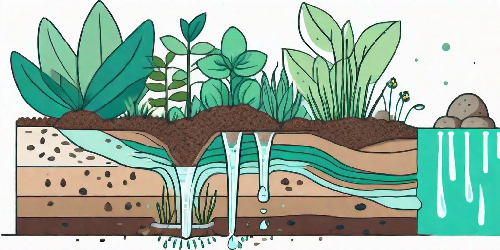 A cross-section of soil layers with water trickling down