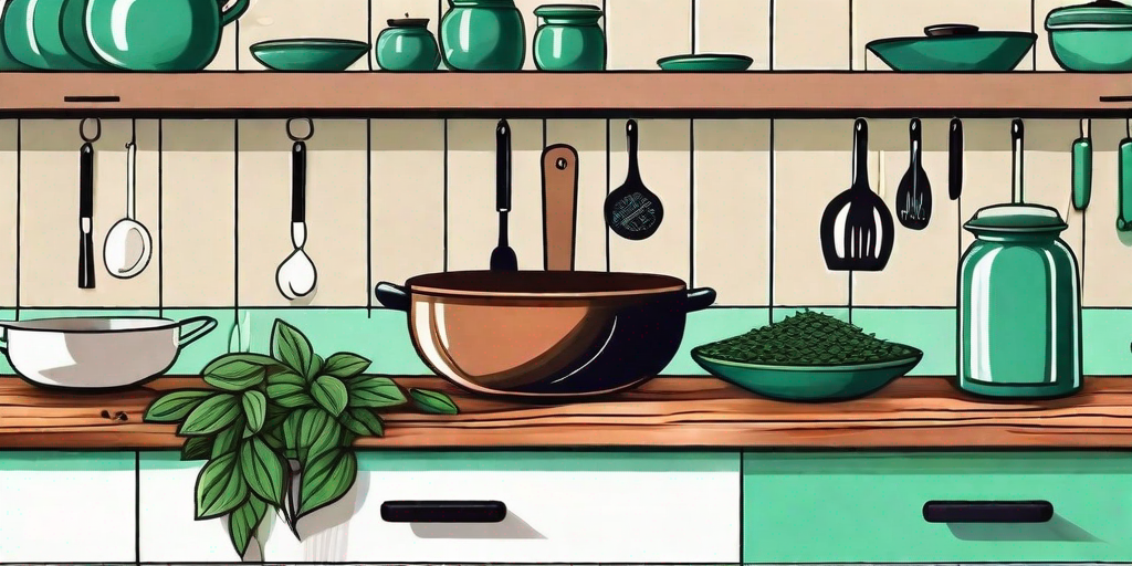 A rustic kitchen scene featuring a vibrant bush basil plant on a wooden countertop