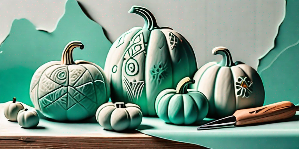A collection of intricately carved miniature pumpkins with various artistic designs