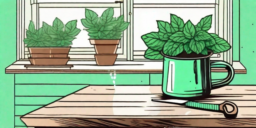 A vibrant mint plant in a rustic pot