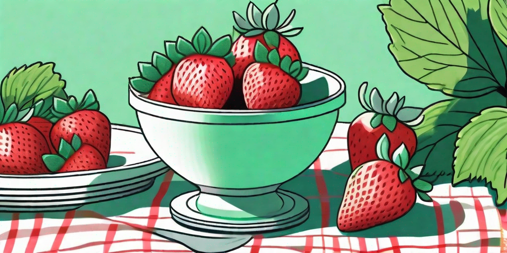 A sunny summer scene featuring a bowl of ripe camarosa strawberries