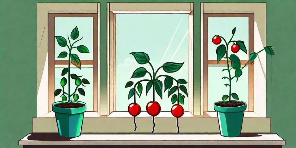 An indoor cherry tomato plant at various stages of growth