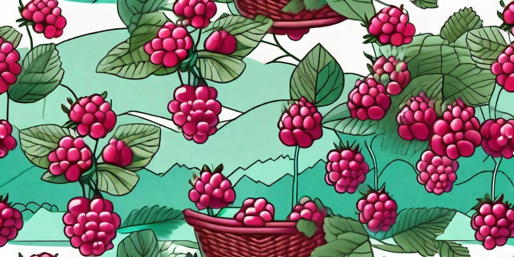 A lush raspberry bush filled with ripe