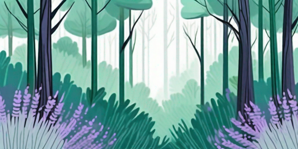 A serene forest scene with lavender plants growing amidst tall