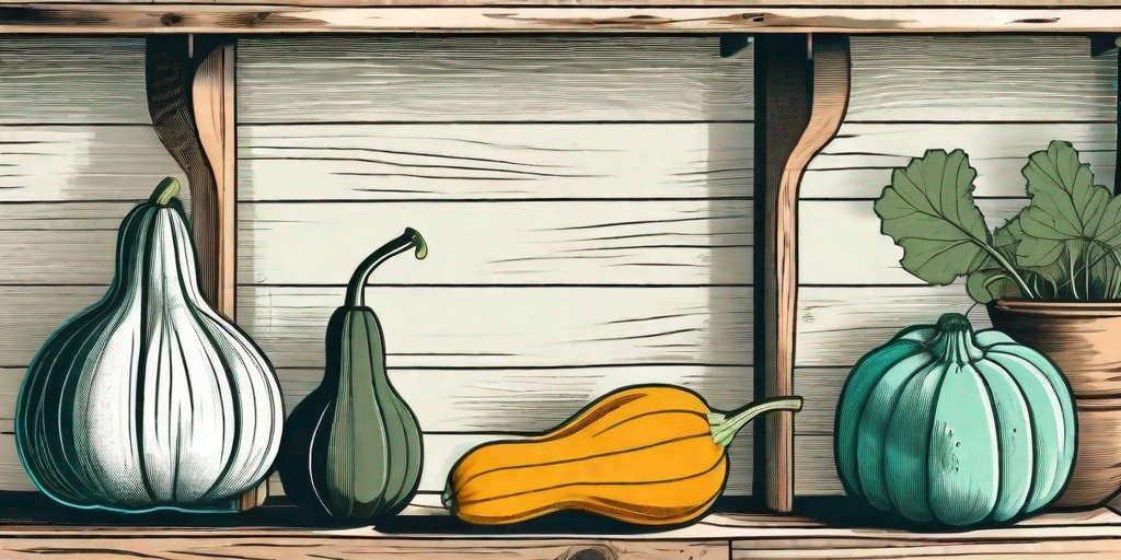 Various types of squash on a wooden shelf