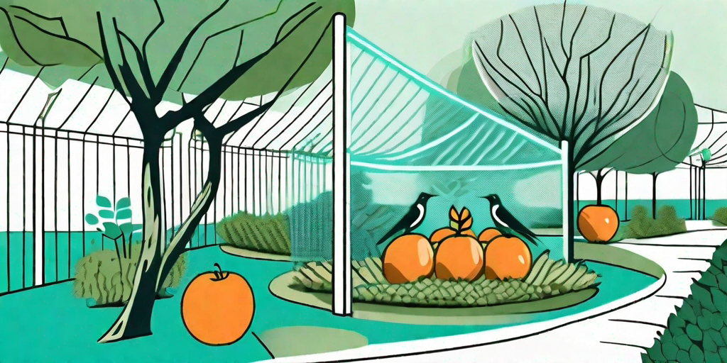 A garden scene with several types of birds interacting with strategically placed bird netting over fruit trees and vegetable patches