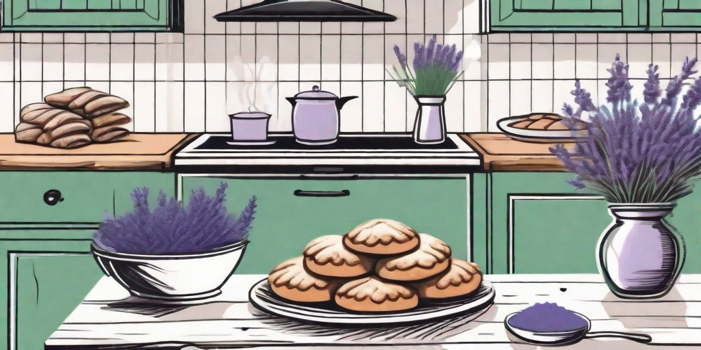 A rustic kitchen setting with freshly baked lavender-infused pastries on a wooden table