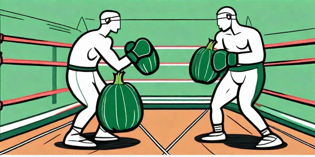 A squash and a zucchini in a boxing ring