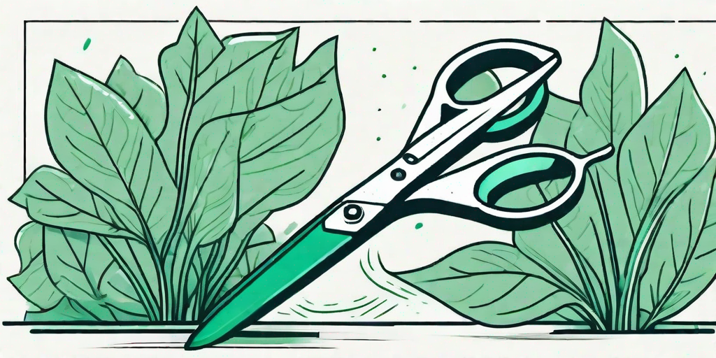 A pair of gardening shears cutting away excess leaves from a healthy