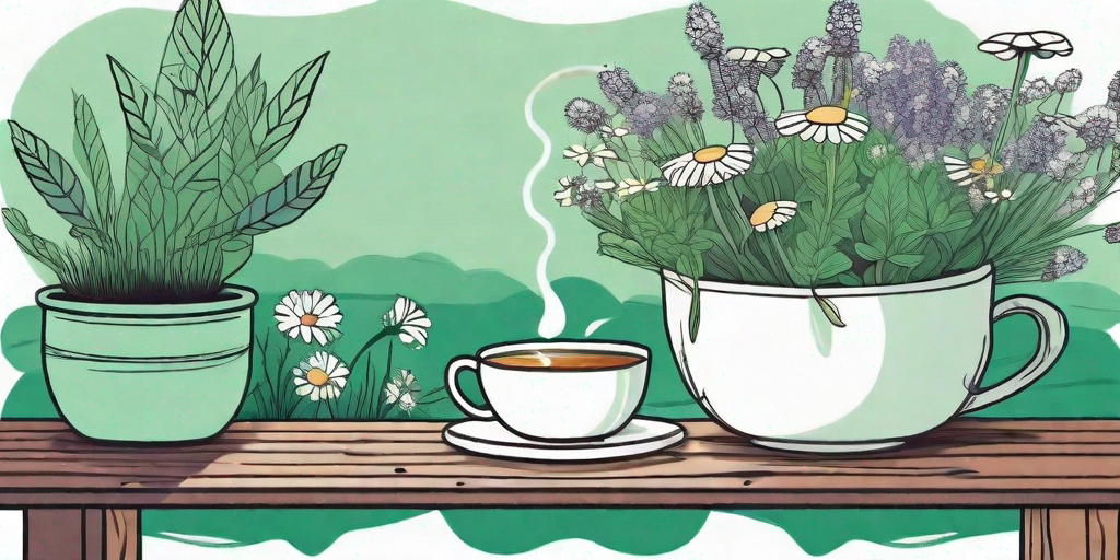 A tranquil garden scene filled with a variety of plants commonly used for calming teas
