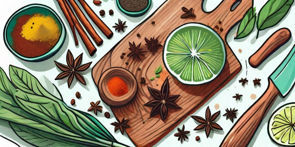 A vibrant kitchen scene with various spices scattered around