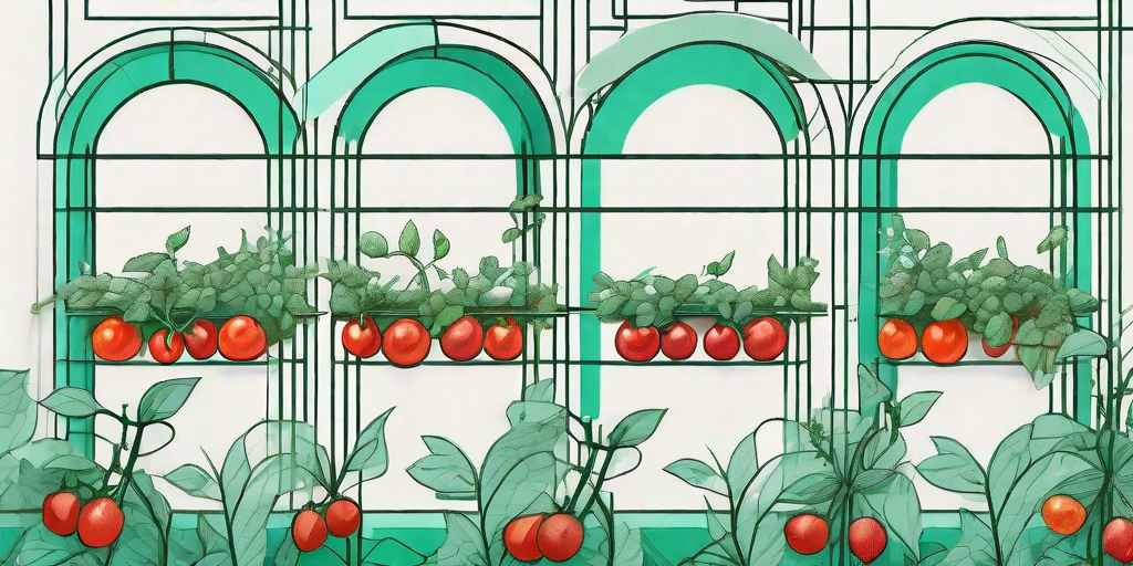 A vibrant garden scene with cherry tomatoes growing abundantly on various creatively designed trellises