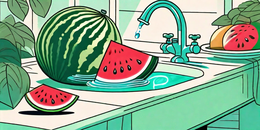 A watermelon sitting under a dripping water faucet