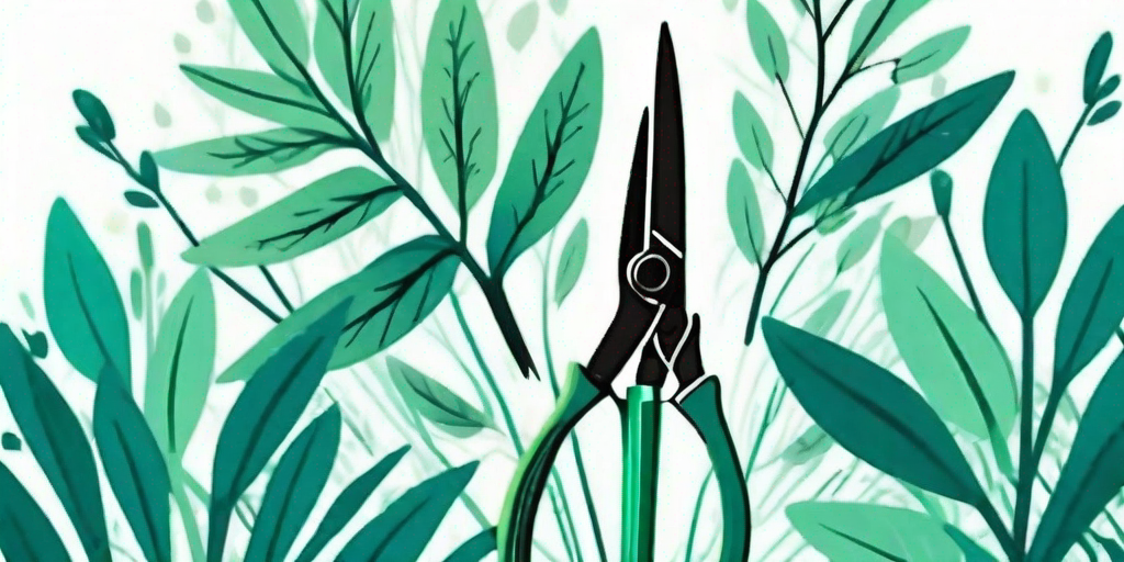 A pair of garden scissors magnificently cutting through a lush