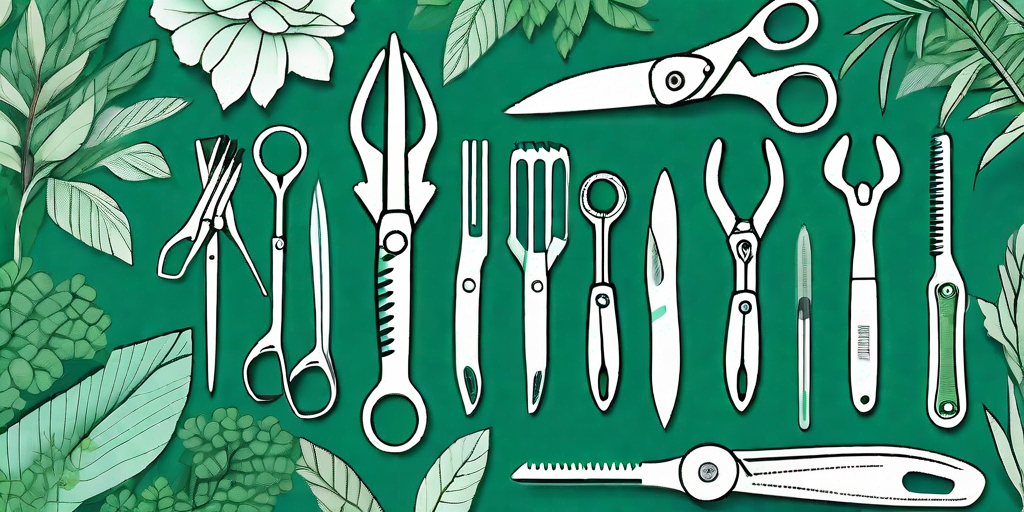 Various types of shears positioned around a lush garden