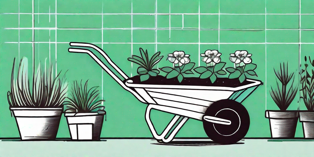 A wheelbarrow being used in various unconventional ways such as a flower planter