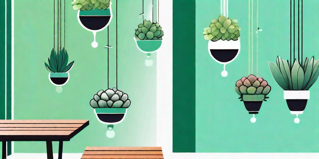 A vibrant garden scene featuring a variety of beautifully crafted succulent balls hanging from tree branches and placed on garden tables