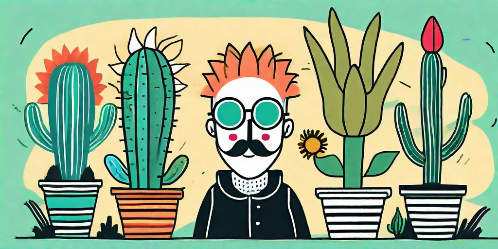 A variety of plants with comedic features such as a cactus with a clown nose