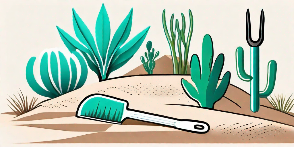 A variety of sand plants thriving in a desert landscape with gardening tools nearby