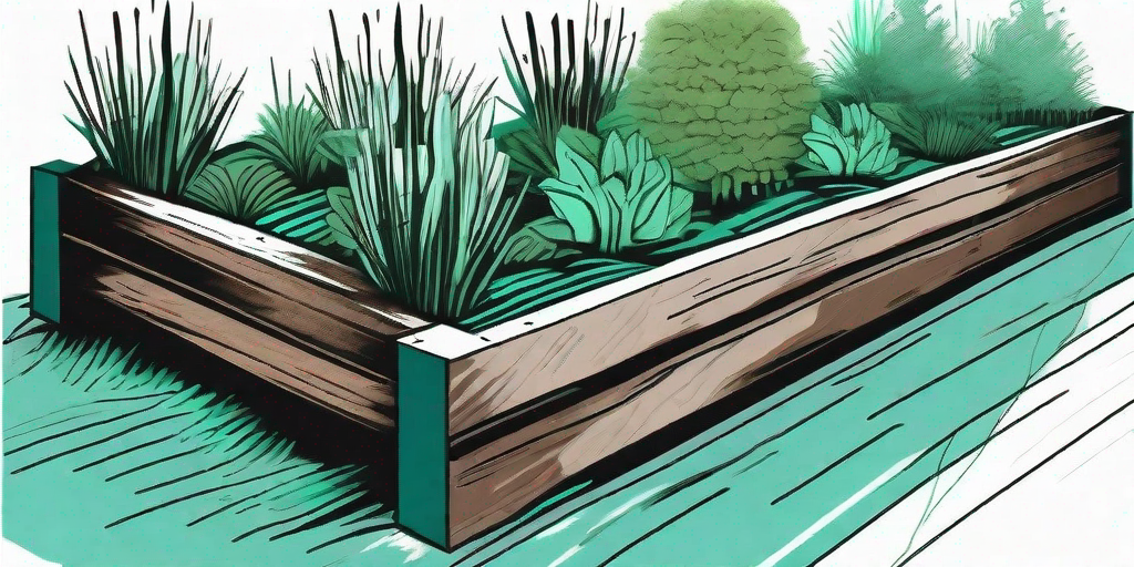 A garden scene with railroad ties used as garden beds