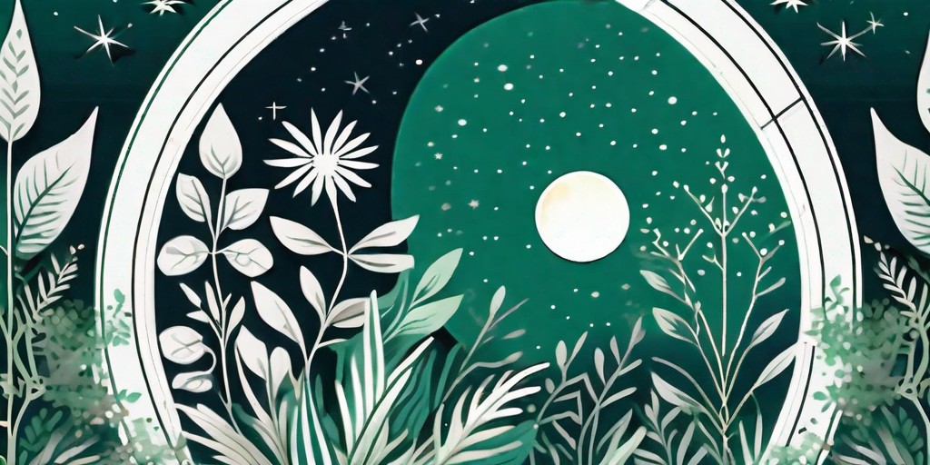 A moon dial nestled among lush garden plants under a starry night sky