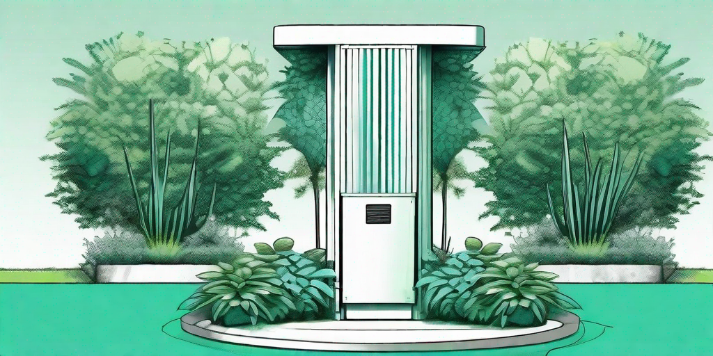 A beautifully landscaped yard with a transformer box cleverly concealed within a decorative garden feature or lush foliage