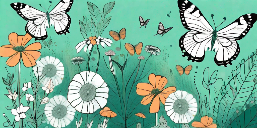 A vibrant garden scene with various types of butterflies interacting with different plants and flowers