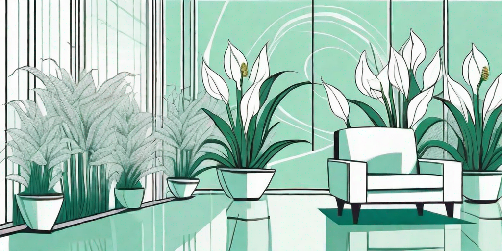 A peaceful indoor setting with several blooming peace lilies placed around