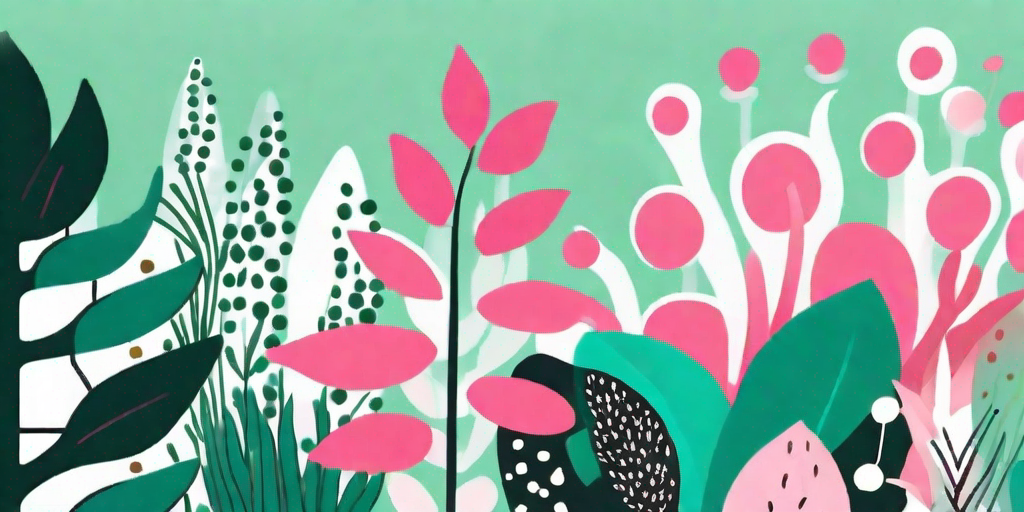 A vibrant garden scene featuring a prominent pink polka dot plant