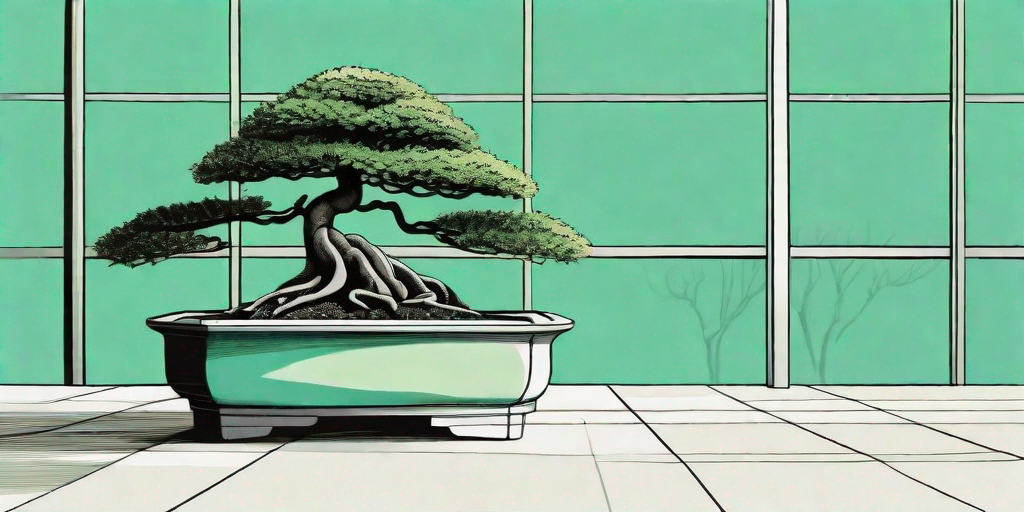 A ficus ginseng bonsai tree in a ceramic pot