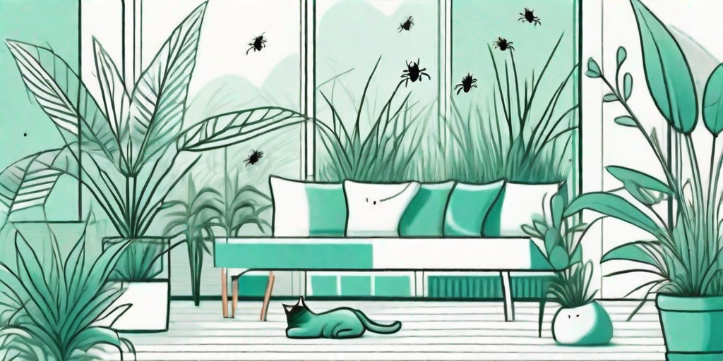 A serene garden scene filled with various types of spider plants and a few cheerful cats playing and lounging around them
