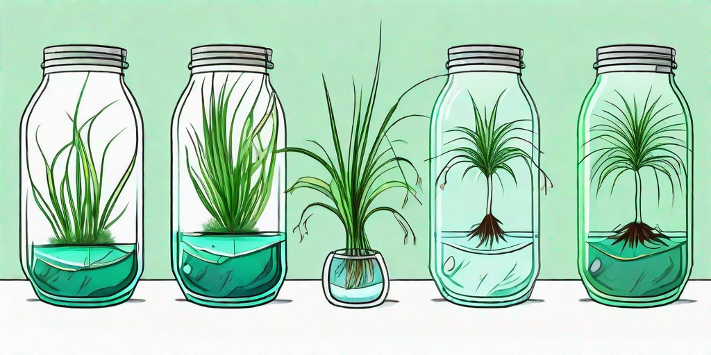 A vibrant spider plant with its roots submerged in a clear glass jar filled with water