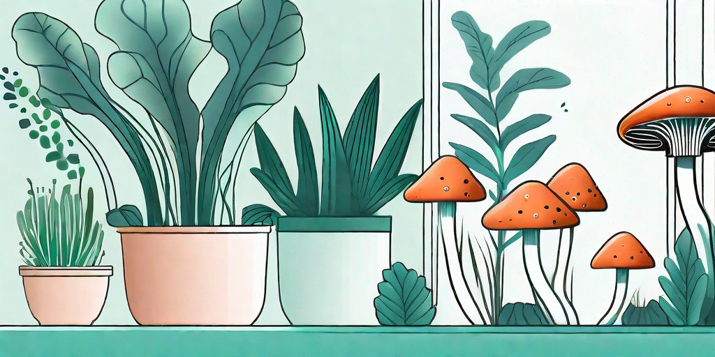 A variety of mushrooms sprouting amidst lush houseplants in a well-lit indoor setting
